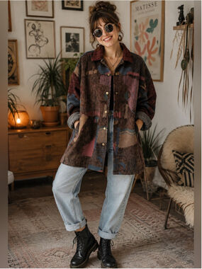 Villa Factory Abstract Tapestry Shacket Jacket Boho oversized vintage sz sm